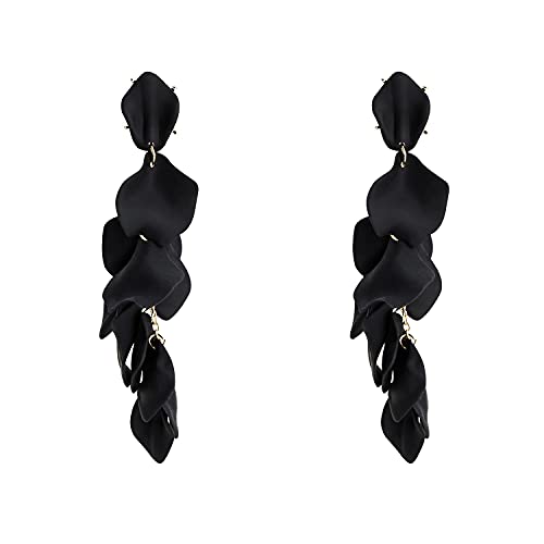 Long Acrylic Rose Petal Earrings Dangle Exaggerated Flower Earrings Drop Statement Floral Tassel Earrings for Women - color: Long Acrylic Rose Petal Earrings-Black