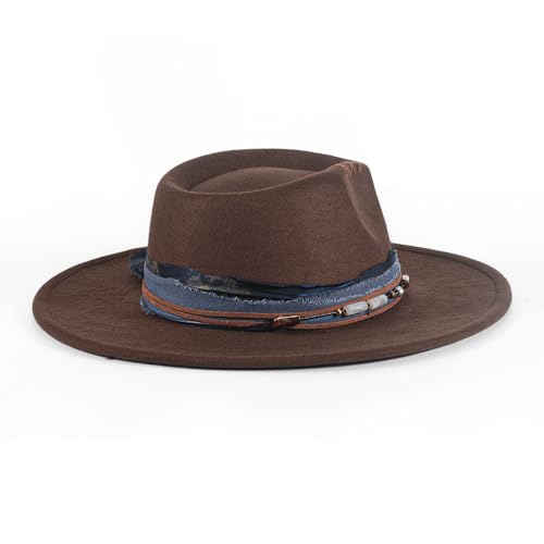 Womens Boho Fedora Hat Wide Brim Fedora Mens Handmade Flat Brim Hats - color: Chocolate