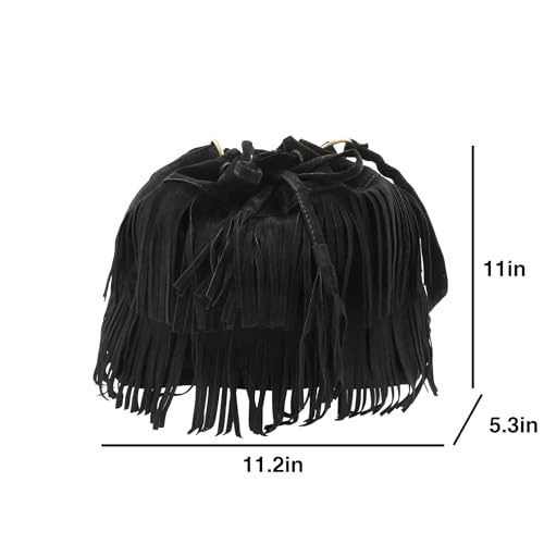 Fringe Hobo Purse Bags for Women Crossbody Purses with Drawstring Ladies Tassel Tote Shoulder Bucket Handbags,Black - color: Black(barrel Shape)