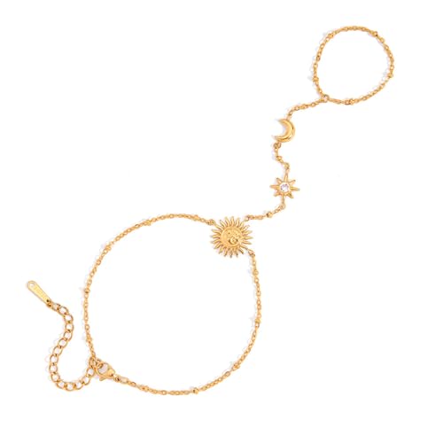 Dainty CZ Moon Sun Star Hand Chain Ring Bracelet for Women Stainless Steel 18k Gold Plated Trendy Adjustable Chain Linked Stackable Finger Ring Bracelet Fashion Jewelry
