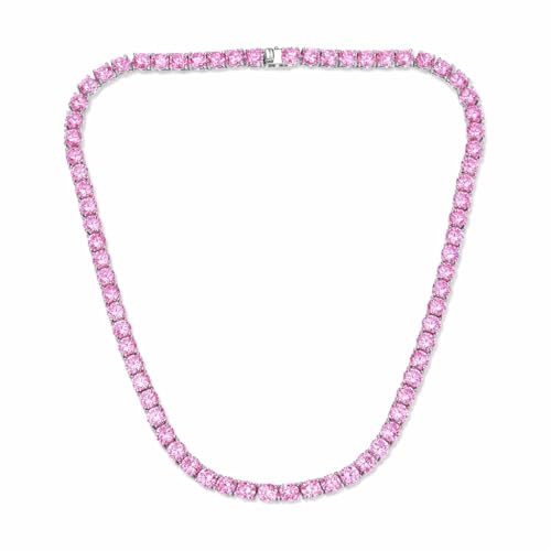 Savlano 18K Gold Plated Cubic Zirconia Round 4.5MM Classic Tennis 18 Inches Chain Necklace For Women & Men Comes With a Gift Box - color: White Gold-Pink CZ