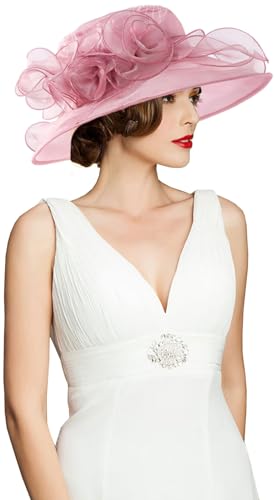 Women's Kentucky Derby Church Dress Hat Wide Brim Leaf Flower Bridal Shower Hat - color: A3-pinkpurple