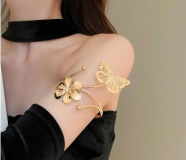 Arm Cuff, Upper Arm Band Cuff Bracelet, Gold Silver Boho Adjustable Flower Butterfly Cuff Set Birthday Friendship Gift Holiday Beach Women's Jewelry-8