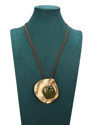 GelConnie Leather Necklace for Women Large Pendant Long Brown Necklace Circle Leather Choker Vintage Sweater Necklace Gold Chunky Boho Necklaces for Women - style: Gold Statement Pendant Necklace