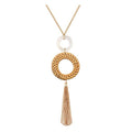 Tassel Pendant Necklace Handmade Straw Wicker Braid Statement Pendant Y-Shaped Long Chain Necklace for Women