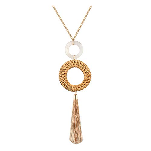Tassel Pendant Necklace Handmade Straw Wicker Braid Statement Pendant Y-Shaped Long Chain Necklace for Women