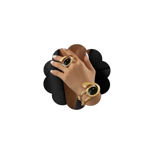 Boho Open Bracelet Ring Set for Women Black and Gold Jewelry Set Oval Cuff Bracelet Adjustable Ring Vintage Jewelry - style: Black