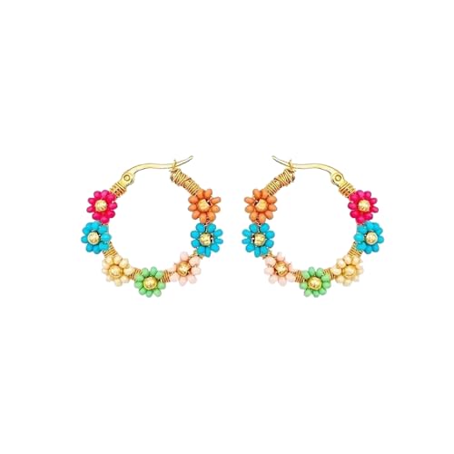 Colorful Rice Beads Flower Hoop Earrings for Women Handmade Beaded Boho Gold Circle Earrings Jewelry Resin Floral Hoop Earring Gift