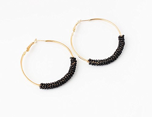 2 Pairs Bohemian Colorful Beads Circle Round Hoop Earrings Gold Hoop Dangle Earrings for Women Vintage Boho Jewelry - color: black