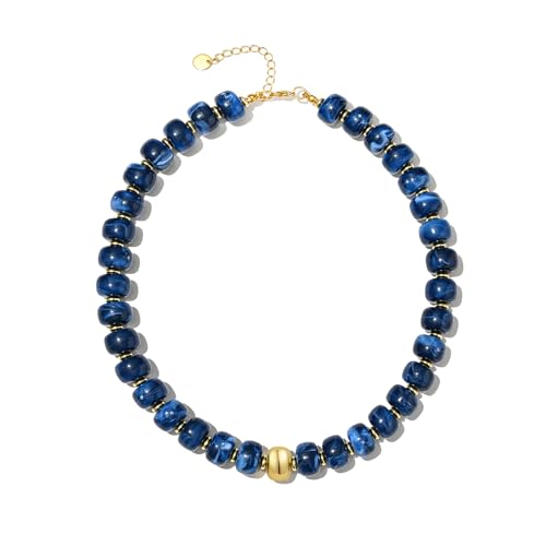 Chunky Beaded Statement Necklace for Women Trendy Colorful Boho Resin Bead Choker Necklaces Summer Handmade Jewelry Gifts Accessories - color: Gold-Deep Blue-1