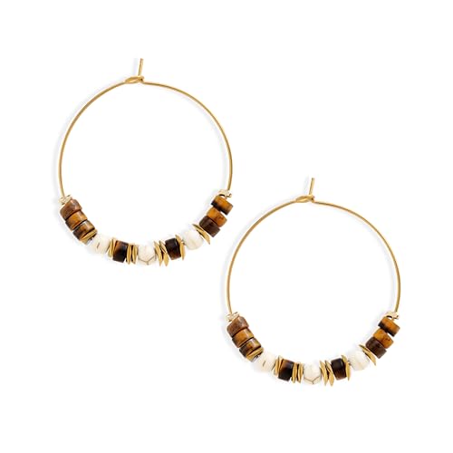 Natural Stone Beaded Hoop Earrings for Women, Boho Handmade Lightweight Hypoallergenic Trendy Summer Beach Accessories Fashion Jewelry Gift - color: TigerEye