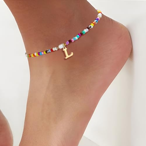 Ankle Bracelets for Women - Cute Pearl Beads Anklets for Women Waterproof Gold, Initial Colorful Boho Beaded Non Tarnish Foot Chain Anklet | Summer Colorful Jewelry Gift - style: M
