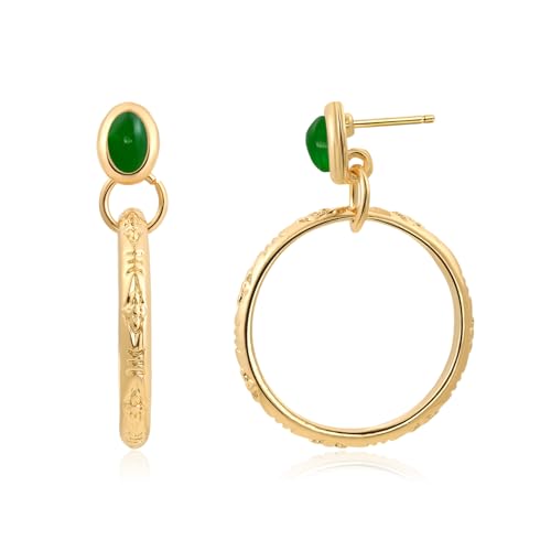 Natural Turquoise Gemstone Birthstone Stud Earrings with Circle Dangle Hoop Earrings Boho style for Vintage Western Jewelry - color: Gold and Green