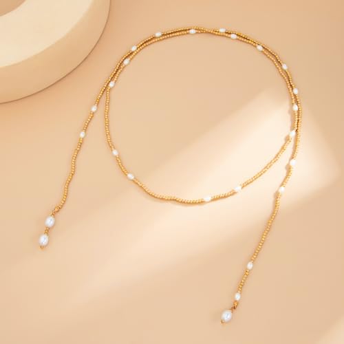Statement Long Necklaces for Women Vintage Layered Beaded Long Chain Necklaces Boho Y Shaped Tassel Long Pearl Necklace Statement Bead Necklace Jewelry Gift for Women - style: Gold Pearl beaded