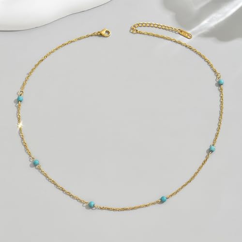 NONAMOIS Gold Chain Necklace for Women Dainty 18K Gold Plated Thin Satellite Beaded Turquoise Necklace Simple Layered Boho Jewelry Christmas Gifts - color: Twisted Turquoise Beads-Gold