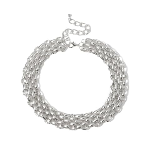 Layered Chain Necklace, Gold Tone Metal, Chunky Link Statement Choker, Punk Style Collar Necklace with Adjustable Clasp - color: silvery