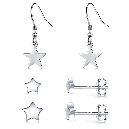 3 Pairs 925 Sterling Silver Star Stud Earrings for Women,Tiny Simple Geometric Stud Earrings Set Small Hypoallergenic Cartilage Tragus Ear Jewellery for Men (3/4/5mm) - color: 04 Silver-3 Pairs-dangle & stud