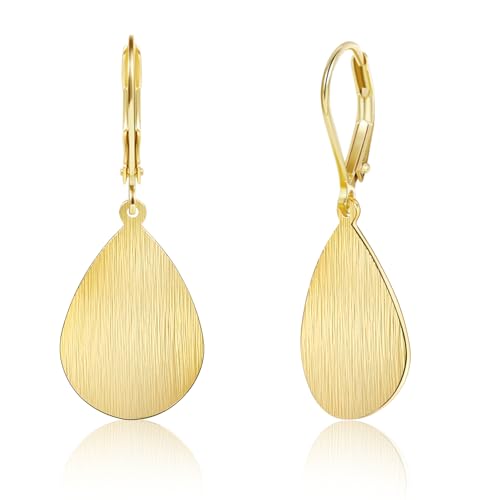14K Gold Dangle Earrings for Women，Lightweight Circle Disc Coin Geometric Flat Brushed Drop Earrings, Hypoallergenic Leverback Earrings Jewelry - color: 14K Gold
