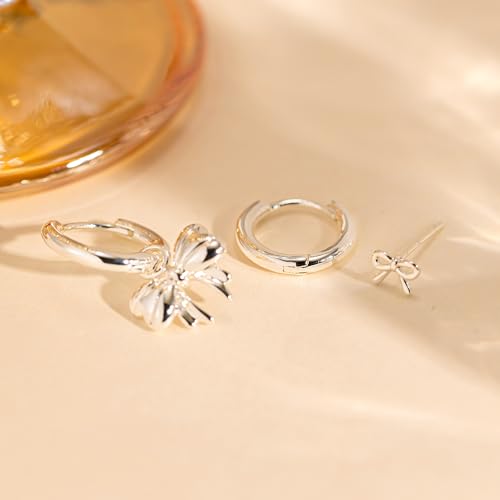 3 Pairs Small Earring Stacks, 14K Gold/Silver/Black/Rose Gold Plated Pearl Heart Butterfly Star Diamond Charm Drop Huggie Earrings Trendy Jewelry Gift for Women - color: Silver-Bow