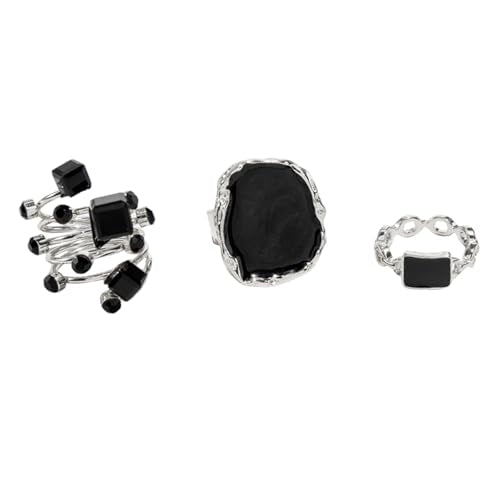 Chunky Black Crystal Statement Rings for Women Gold Large Enamel Round Finger Ring Vintage Cocktail Party Formal Prom Festival Birthday Jewelry - color: Silver