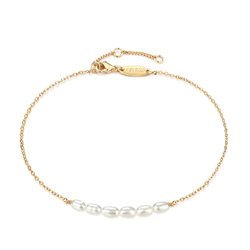 MEVECCO Women Gold Anklet Boho Delicate Handmade 18k Gold Plated Dainty Beach Pearl Foot Chain Ankle Bracelet Adjustable Wafer Anklet for Women ANK-Pearl