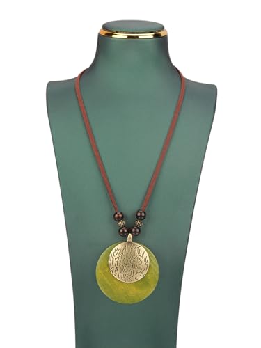 Kelake Leather Necklace for Women Men Teen Vinatge Boho Alloy Pendant Choker Jewelry Fashion Sweater Necklaces with Adjustable Genuine Leather Chain - color: Gold & Green Wood 2 Layers Round Pendant