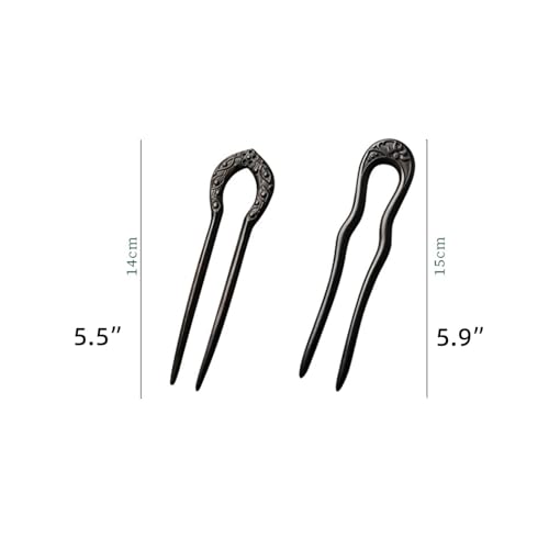 Carved Hair Forks for Buns for Women Two Prong Hair Stick for Long Hair U Shape Wood Hair Pin Handmade Hair Accessories(2pack)