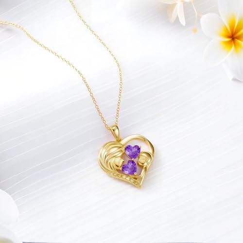 Mothers Day Gifts 14K Yellow Gold Mother Daughter Heart Pendant Necklace with 12 Months Birthstone Birthday Gifts for Mom Anniversarry Jewelry for Mom Wife Girlfriend - color: 02-02-Feb-Feb Birthstone