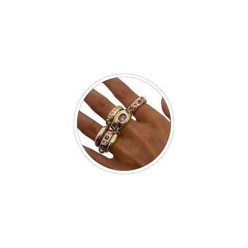 Chunky Gold Rings for Women Non Tarnish Silver Chunky Rings Set Adjustable Thick Statement Ring Gold Stackable Ring for Women Trendy Fashion Silver Jewelry - style: Style8-Purple Gemstone 6Pcs