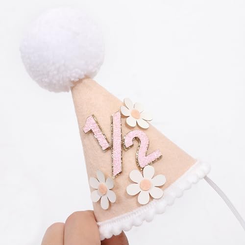 Daisy 1/2 Birthday Cone Hat - Bohemian 6 Months Birthday Decorations,Spring Flower Party Crown Photo Props - color: 1/2 Brithday