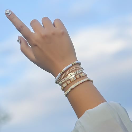 FANCY SHINY Boho Nautical Compass String Bracelets Beaded Clay Beads Bracelet Stackable Friendship Bracelets Summer Beach Outfits for Women Girls - color: Wheat