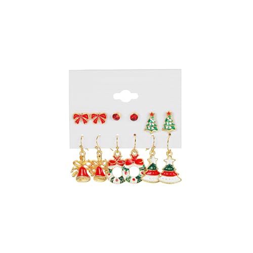 6 Pairs Christmas Earrings Set for Women Vintage Christmas Tree Bell Bow Star Dangle Drop Earrings Hypoallergenic Lightweight Jewelry Party Holiday Accessories - color: Colorful1