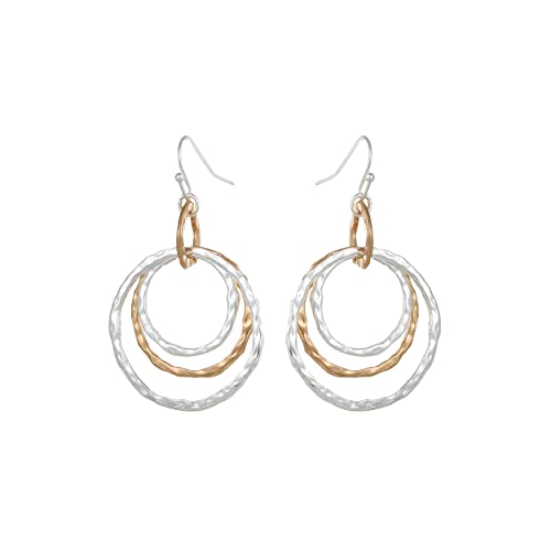 Bohemian Boho Round Circle Hoop Dangle Drop Earrings for Women – Delicate – Hammer Texture – Matte Plated – with Gift Box Included - style: MATTE SILVER & GOLD TWO TONE - MULTI-CIRCLE DROP