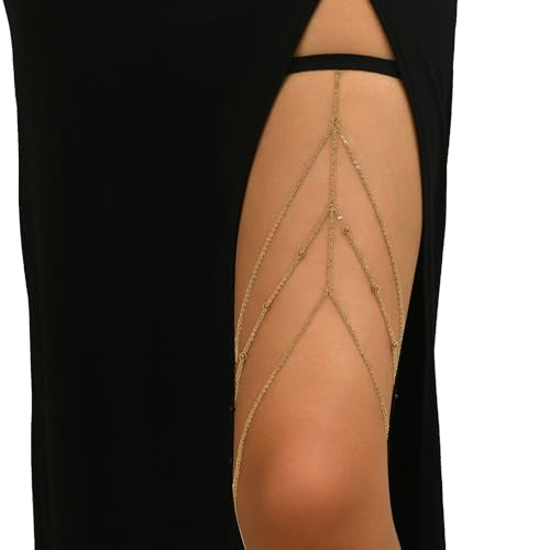 Summer Beach Leg Body Jewelry,Bohemian Elastic Band Leg Thigh Chain Bikini Multi-layered Bead Thigh Chain Accessory Jewelry for Women - color: Gold