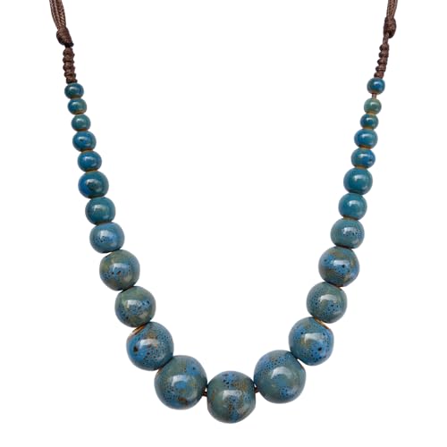 Boho Round Colorful Ceramic Beaded Necklace, Adjustable Hippie Statement Necklace, Handmade Ethnic Jewelry Gift for Women - color: Blue