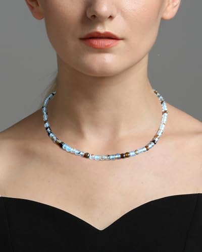 Simple Choker Necklace for Women Real Stone and Crystals Necklaces 4mm Beaded Choker Jewelry Meditation Gift for Women (16"+2") - style: Black Flower Agate