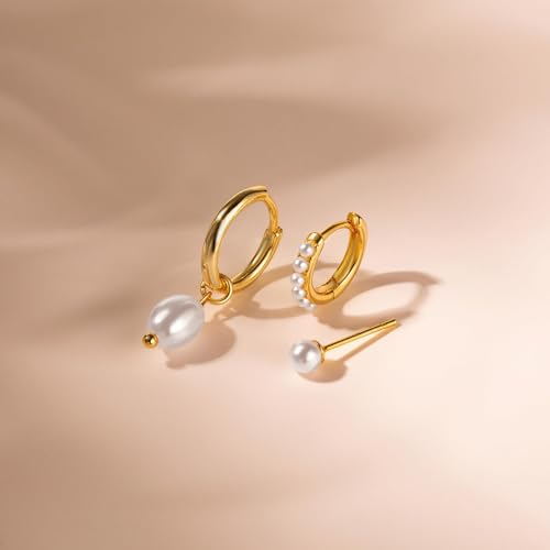 3 Pairs Small Earring Stacks, 14K Gold/Silver/Black/Rose Gold Plated Pearl Heart Butterfly Star Diamond Charm Drop Huggie Earrings Trendy Jewelry Gift for Women - color: Gold-Pearl