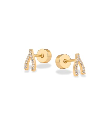 PAVOI 14K Gold Plated Dainty Flat Back Earrings for Women - Hypoallergenic Sterling Silver Posts Helix Cartilage Piercing Jewelry - Emoji Motif Bow Celestial Flatback Gold Stud Earrings Screw Back - style: Wishbone