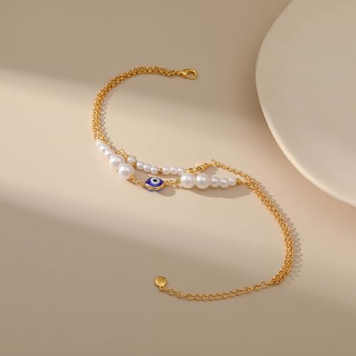 Yumikoo 18k Gold Plated Anklet Ankle Bracelets for Women - style: Evil Eye Pearl