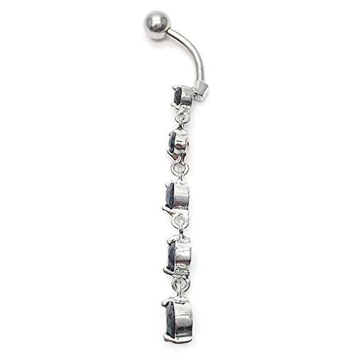COOLSTEELANDBEYOND Belly Chain Belly Button Ring Body Jewelry Piercing Navel Ring with Long Dangle Cubic Zirconia - color: C-Metal Color:Silver; Stone Color:Black