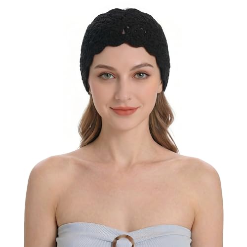 ZLYC Women Floral Headband Handmade Crochet Knit Vintage Hair Bands (Plain Black) - color: Plain Black