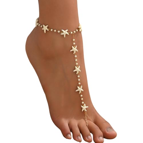 1Pair Gold Starfish Barefoot Sandals for Women, Sexy Bikini Bead Foot Chain Anklet with Toe Ring, Summer Beach Starfish Body Jewelry for Bridal Shower Wedding