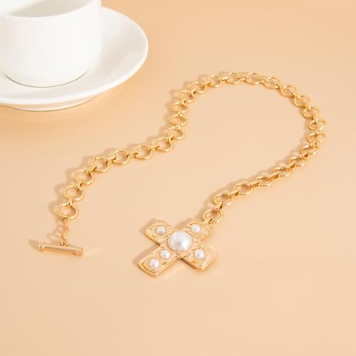 Chunky Cross Necklace for Women Chunky Gold Necklace Statement Cross Pendant Vintage Toggle Clasp Necklace Jewelry for Women - color: C1-Gold Cross Necklace
