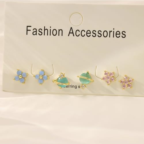 6 Pcs/6 Pairs Hypoallergenic 925 Sterling Silver Stud Post 14K Gold Earrings for Women Moon Star Hoop Stackable Cubic Zirconia Chain Dangle Earring Set Stacks for Multiple Piercings - color: Gold Flower Planet