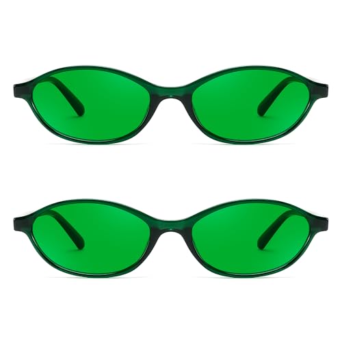 FEISEDY Retro Oval Sunglasses for Women Cat Eye 90s Lightweight Narrow Shades Trendy Sun Glasses B4196 - color: 2 Pack Green+green