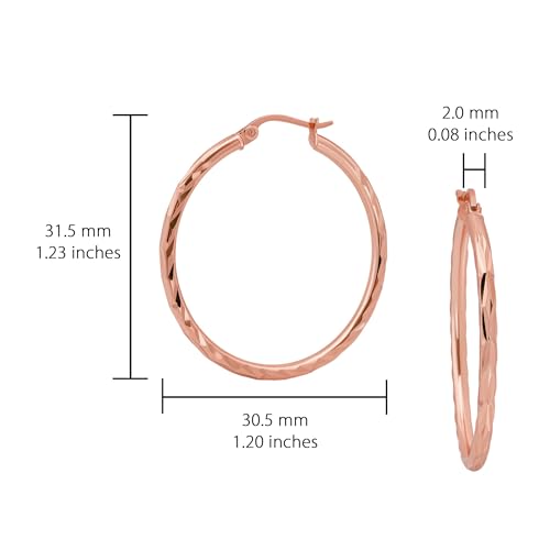 Hoops & Loops 925 Sterling Silver Diamond-Cut Hoop Earrings for Women, 2mm Textured Lightweight Click Top Hoops, 15mm 20mm 25mm 30mm, Silver 14k Yellow Gold & Rose Gold Flash Plated - color: Rose Gold - 30mm (1.2'')