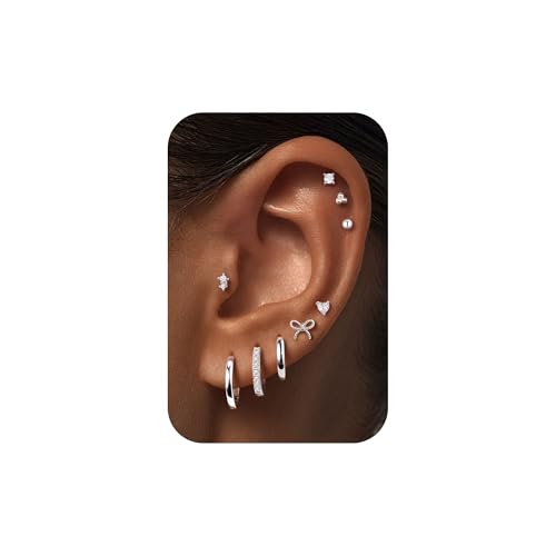 M MOOHAM Hypoallergenic Flat Back Earring Stack for Women Teen Girls, 14K Gold Plated Small Huggie Hoop Earrings Trendy Dainty Gold Cartilage Stud Earring Stacks Set Jewelry Gifts for Women Girls - color: Silver-Plated