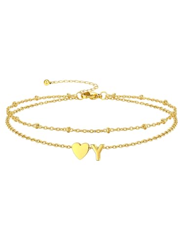 Silvora Ankle Bracelets for Women Waterproof 14K Gold/Silver/Black Initial Anklet for Women Dainty Layered Heart Ankle Bracelets Stainless Steel Adjustable Foot Chain Anklet Summer Beach Jewelry - color: Gold-14K Gold Plated, size: 25.Y