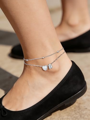 FindChic Silver/14K Gold Plated Layered CZ Initial Ankle Bracelet for Women | Waterproof Stainless Steel, Cubic Zirconia Letter Charm, Non-Tarnish, Hypoallergenic, Adjustable Extender, Summer Jewelry - color: Silver-CZ Heart, size: G