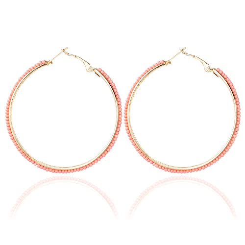 2 Pairs Bohemian Colorful Beads Circle Round Hoop Earrings Gold Hoop Dangle Earrings for Women Vintage Boho Jewelry - color: pink